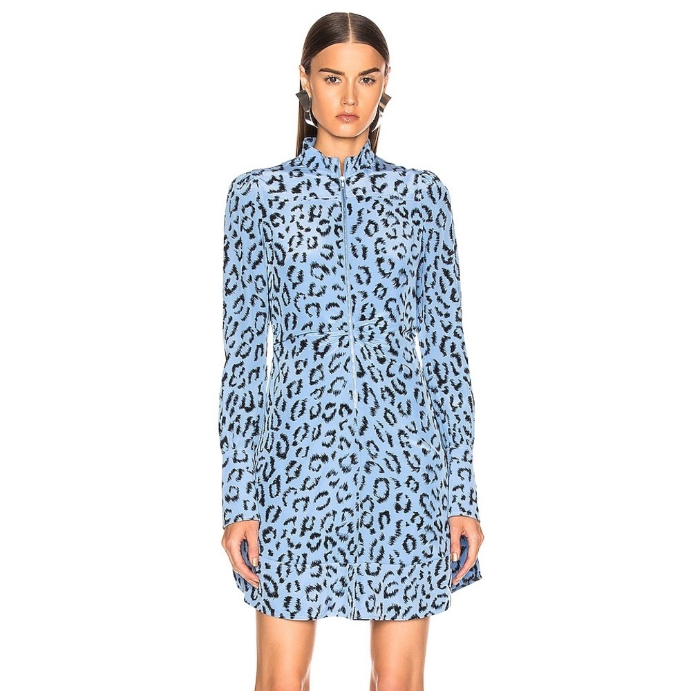 A.L.C. Marcella Blue Leopard Print Long Sleeve Zip Front Silk Mini Dress EUC 4